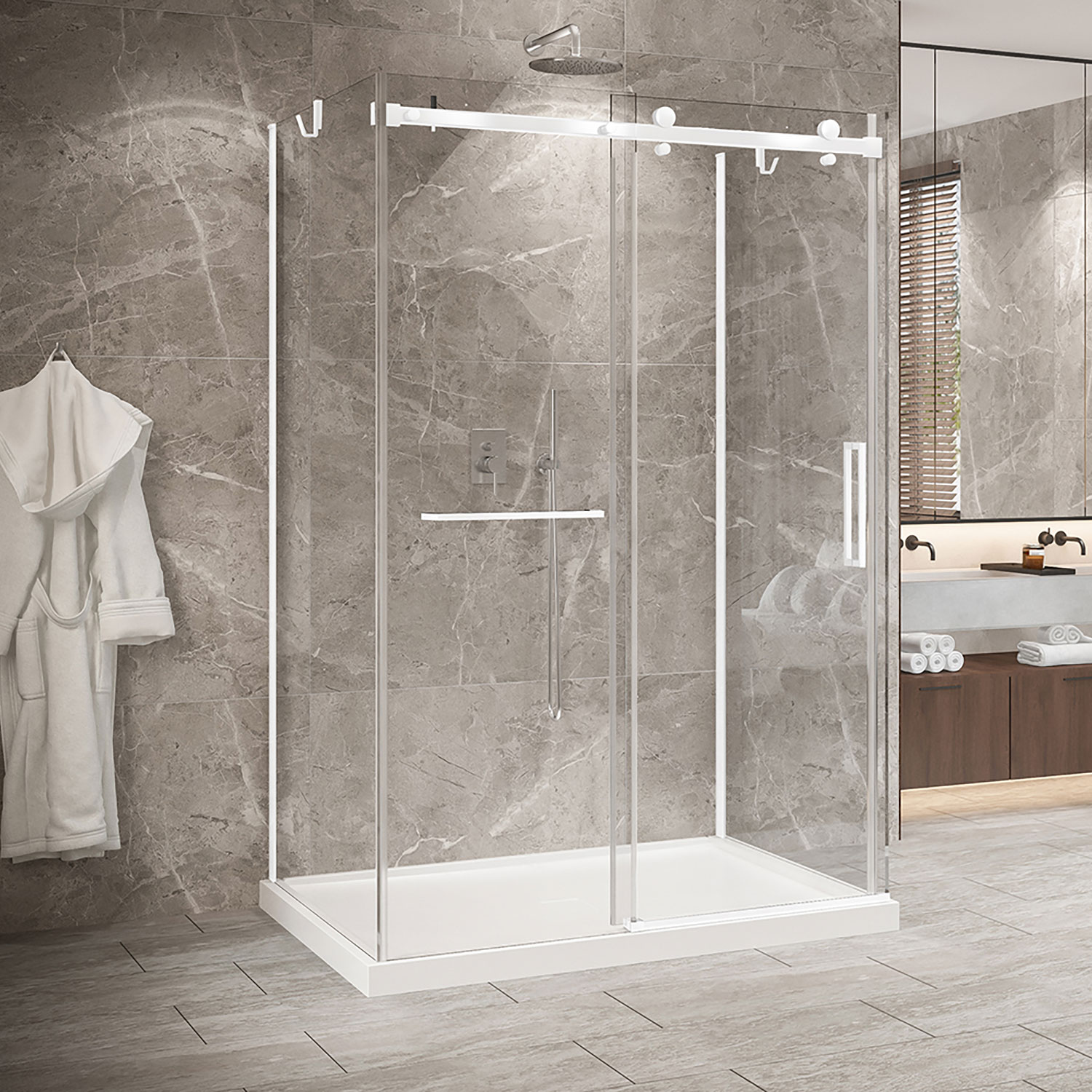 Porte de douche 54" x 42", sur mur, en blanc mat